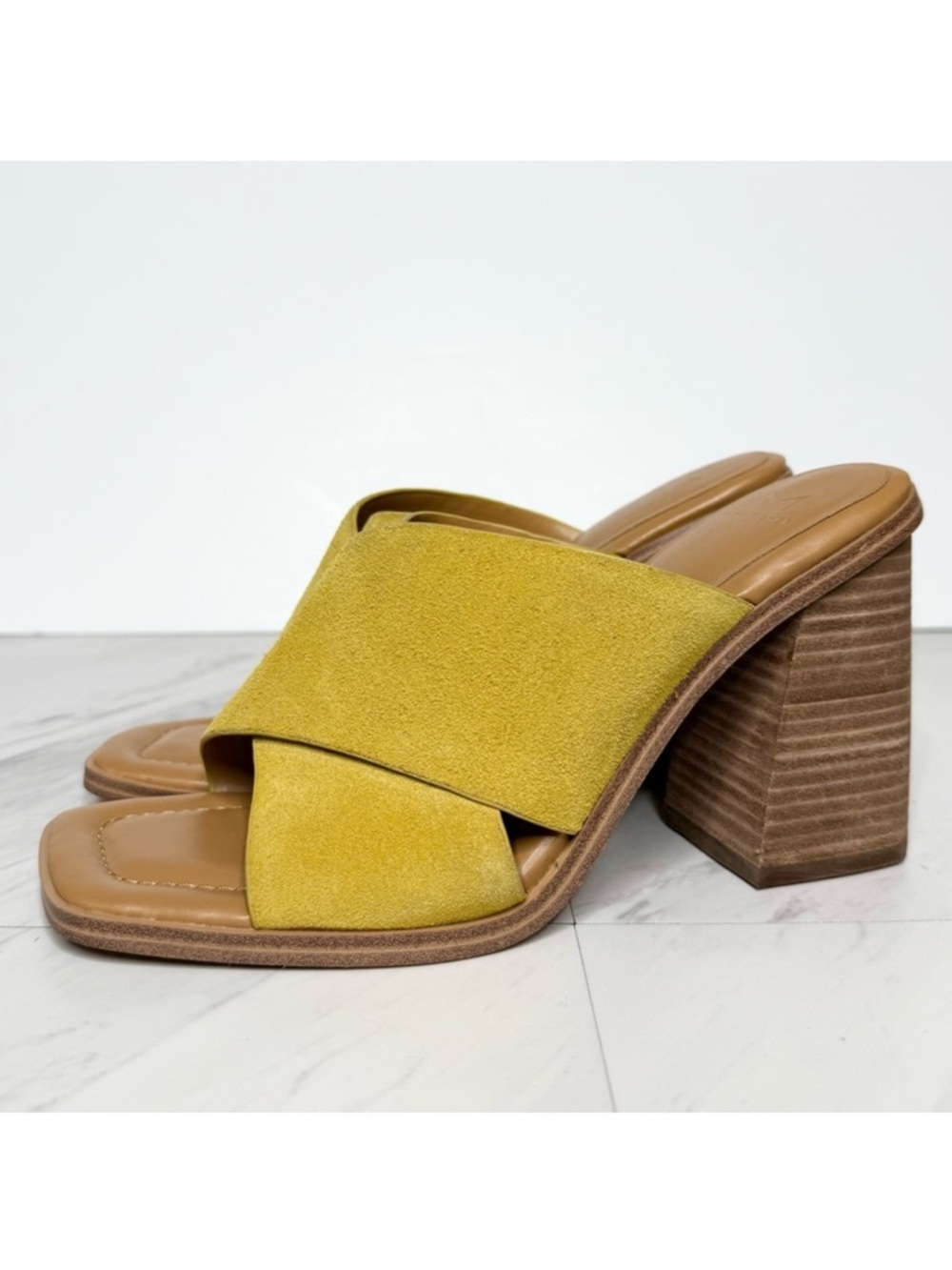 Marc Fisher Barli Yellow Suede Square Toe Heeled Slide Sandal 9M